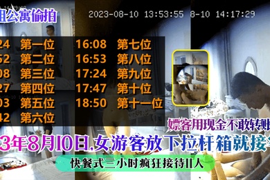 短租公寓偷拍23年8月10日女游客放下拉杆箱就接客快餐式三小时疯狂接待11人嫖客用现金不敢转账了